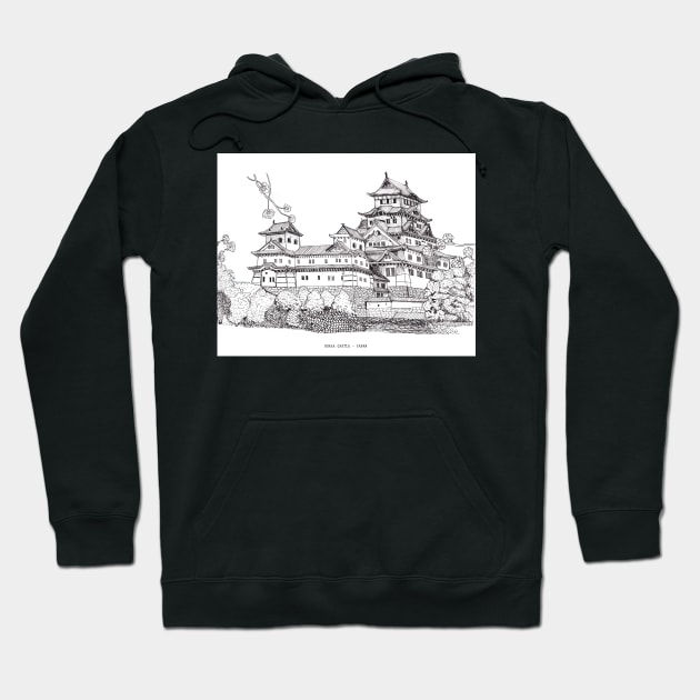 Osaka Castle Japan Pen and Ink Illustration Hoodie by Wall-Art-Sketch